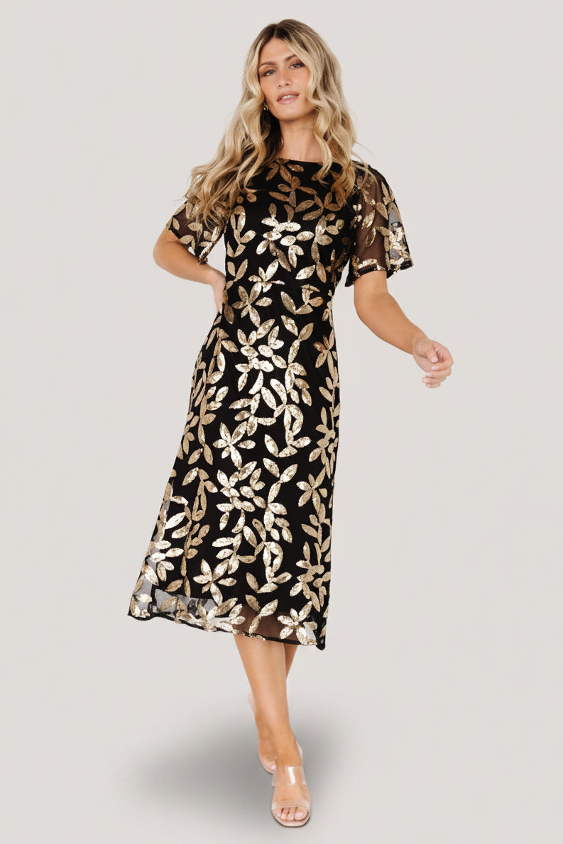 Deanna Sequin Midi Dress | Black + Gold