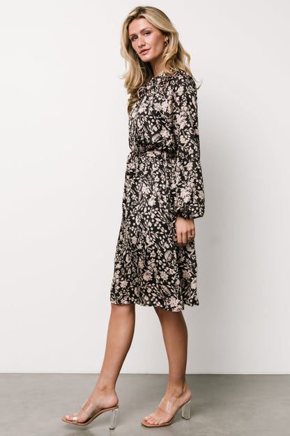 Deena Satin Dress | Black + Taupe Floral - Baltic Born