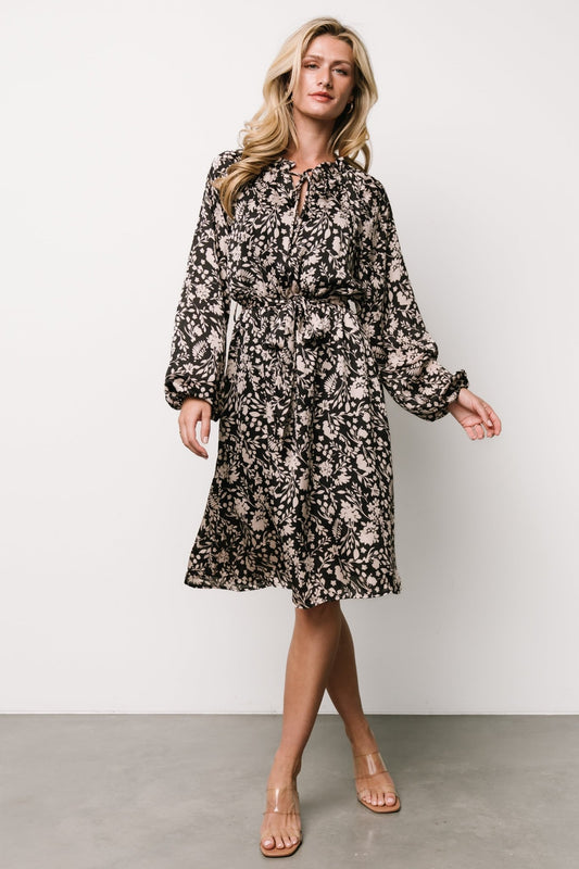 Deena Satin Dress | Black + Taupe Floral - Baltic Born