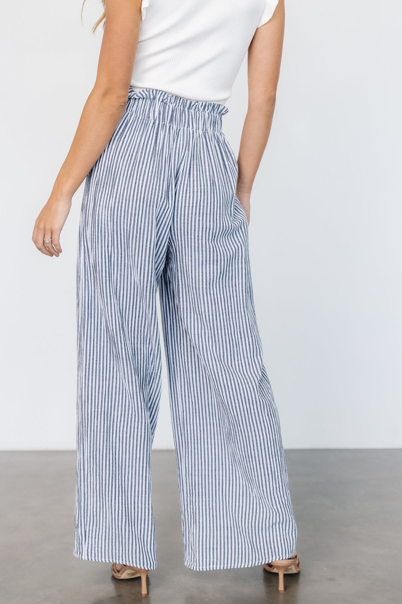 Navy and white striped wide leg trousers hotsell