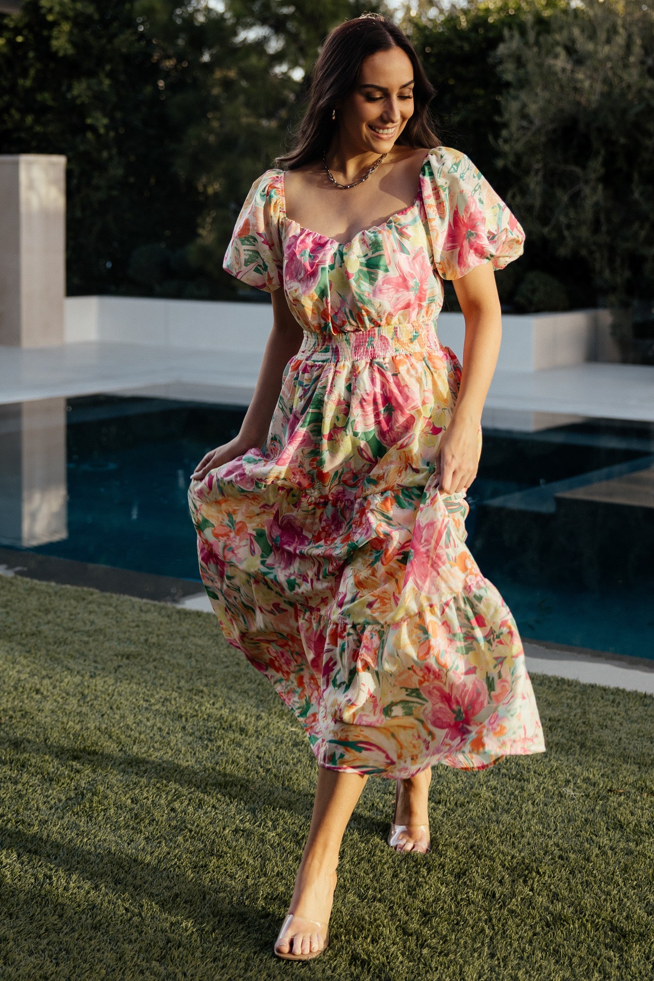 Baltic Born Womens Denzel Puff Sleeve Midi Dress | Multi Floral