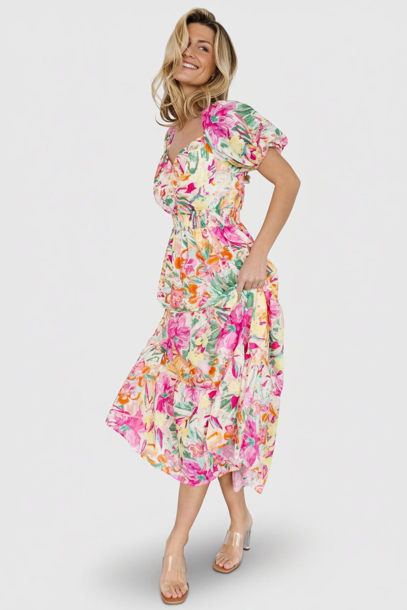 Baltic Born Womens Denzel Puff Sleeve Midi Dress | Multi Floral