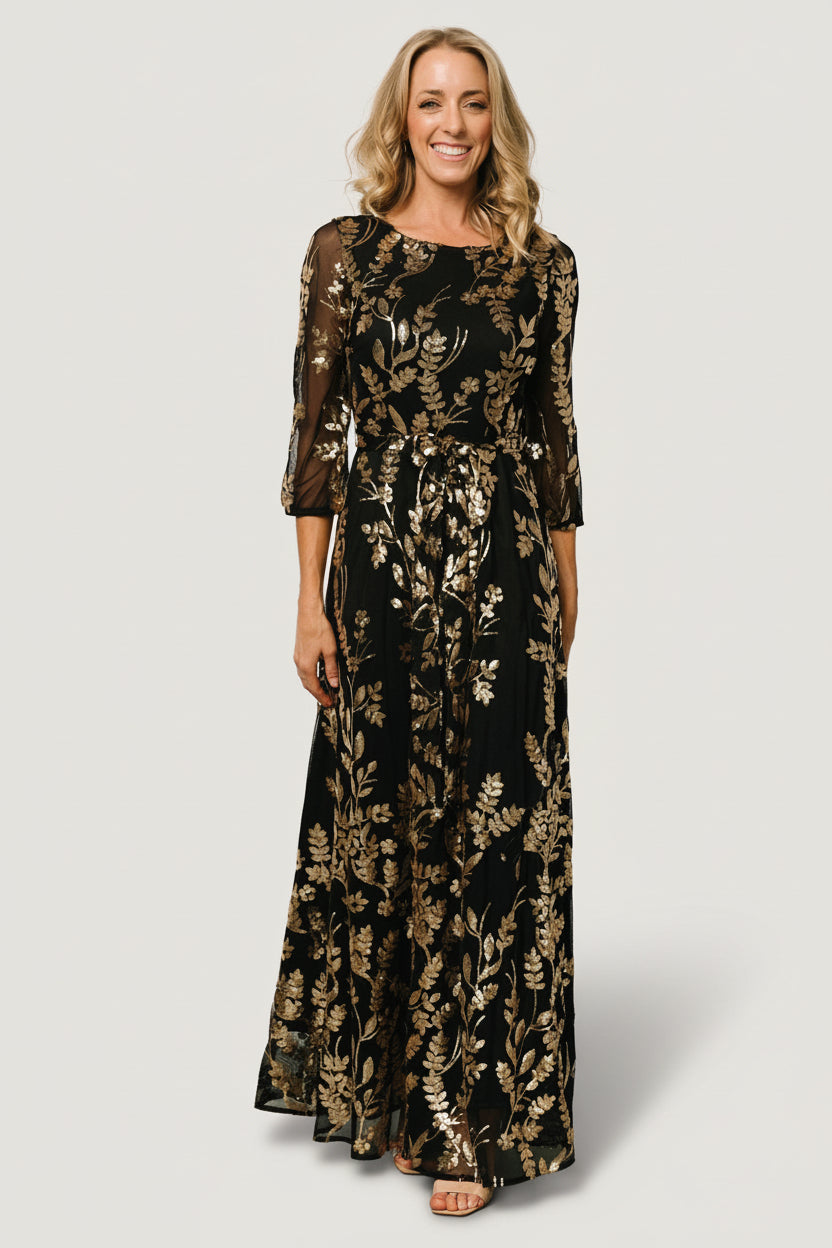 Baltic Born Womens Destiny Sequin Maxi Dress | Black + Gold