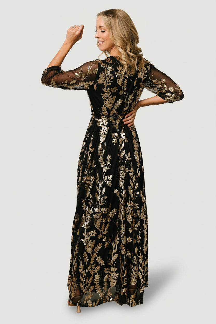 Baltic Born Womens Destiny Sequin Maxi Dress | Black + Gold | Size: XL Baltic Born Womens Destiny Sequin Maxi Dress | Black + Gold | Size: XL