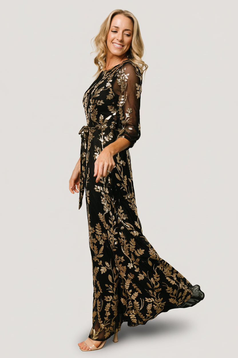 Destiny Sequin Maxi Dress – Black & Gold