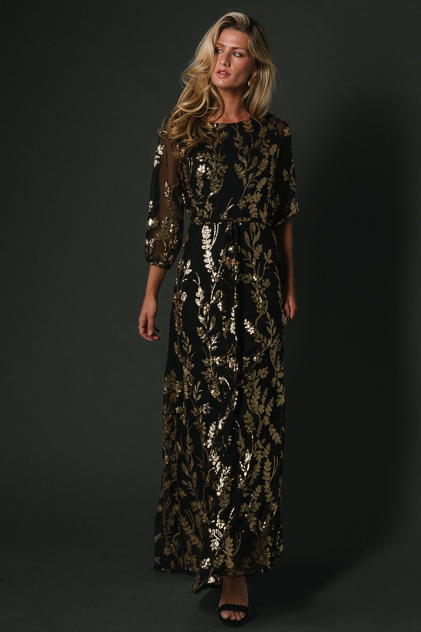Baltic Born Womens Destiny Sequin Maxi Dress | Black + Gold