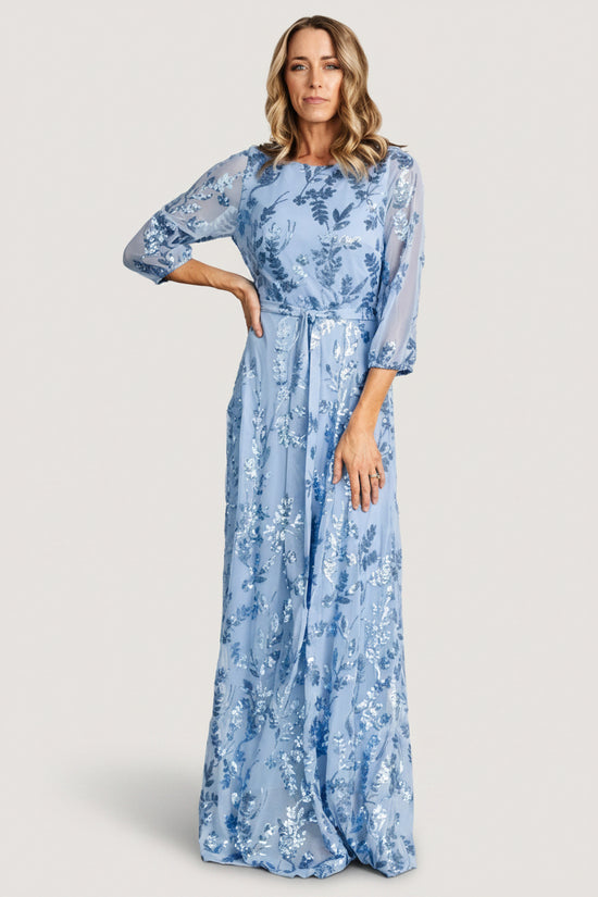 Long Sleeve Sequin Bodice Maxi Dress Heather Blue
