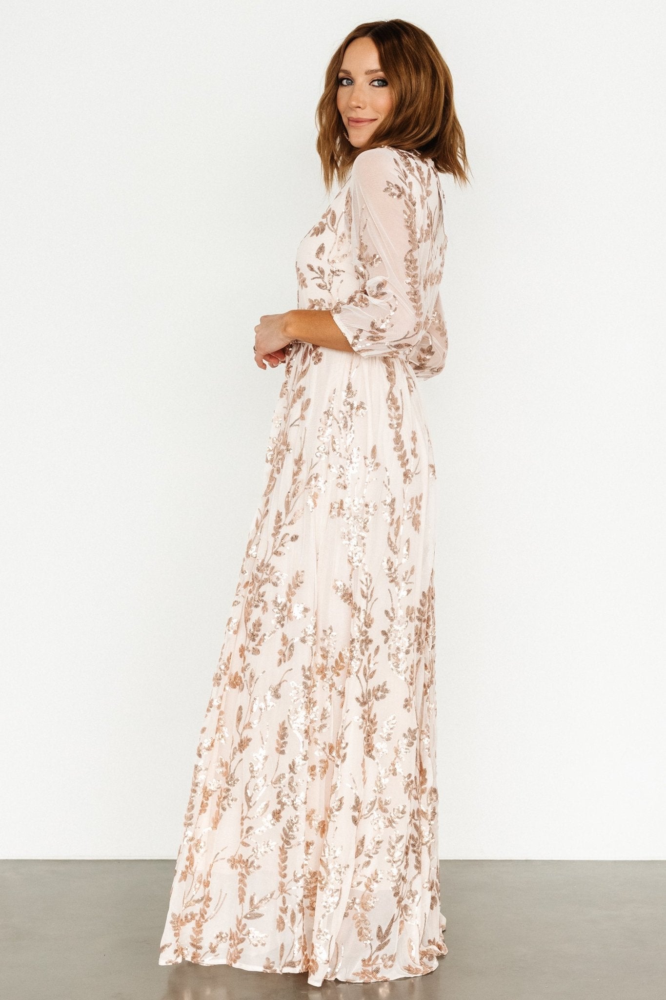 Rose gold sequin long sleeve maxi dress sales