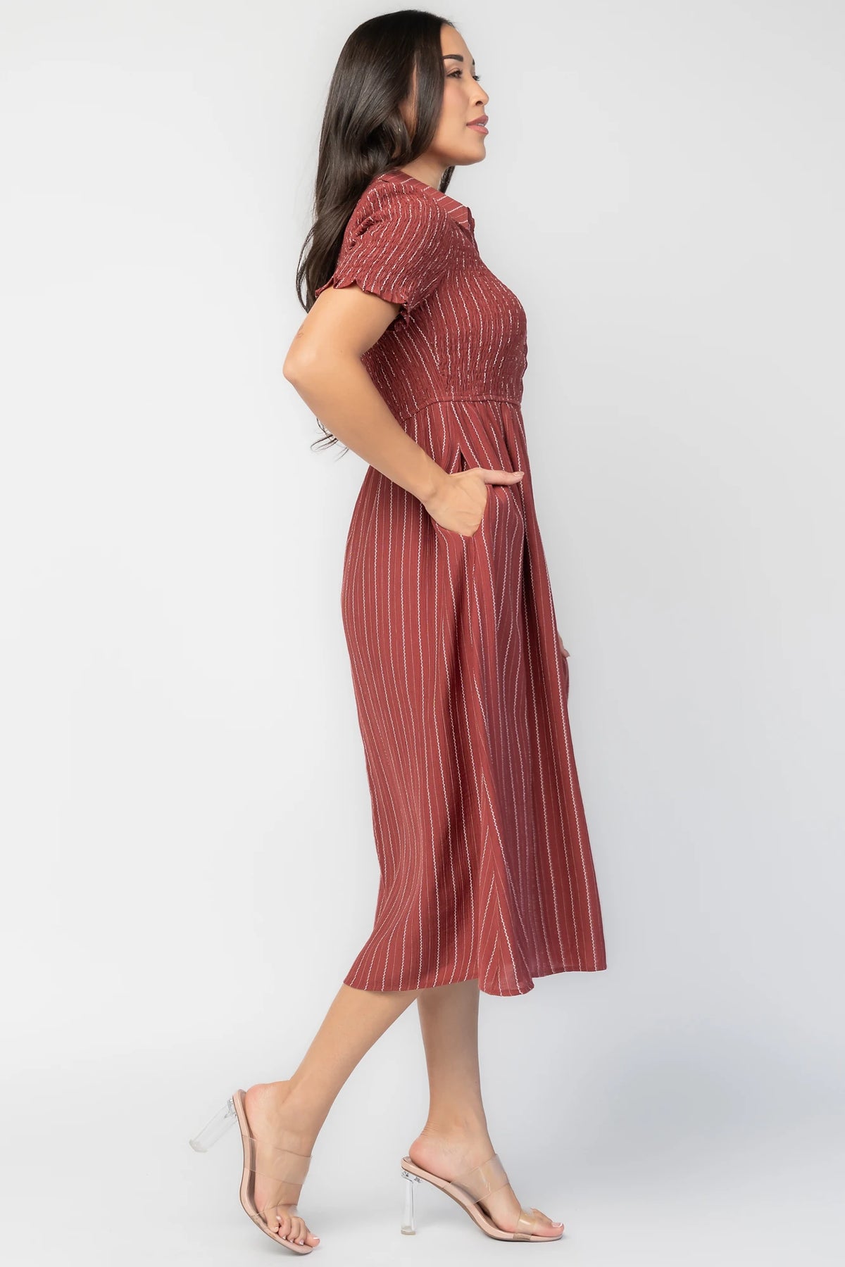 Dottie Striped Midi Dress in Light Burgundy with white vertical stripes, collared neckline, button front, and A-line skirt.