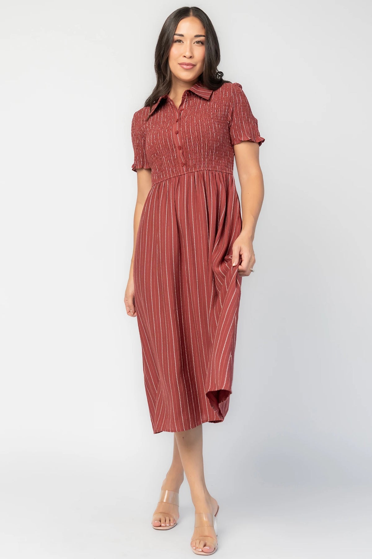 Dottie Striped Midi Dress in Light Burgundy with white vertical stripes, collared neckline, button front, and A-line skirt.