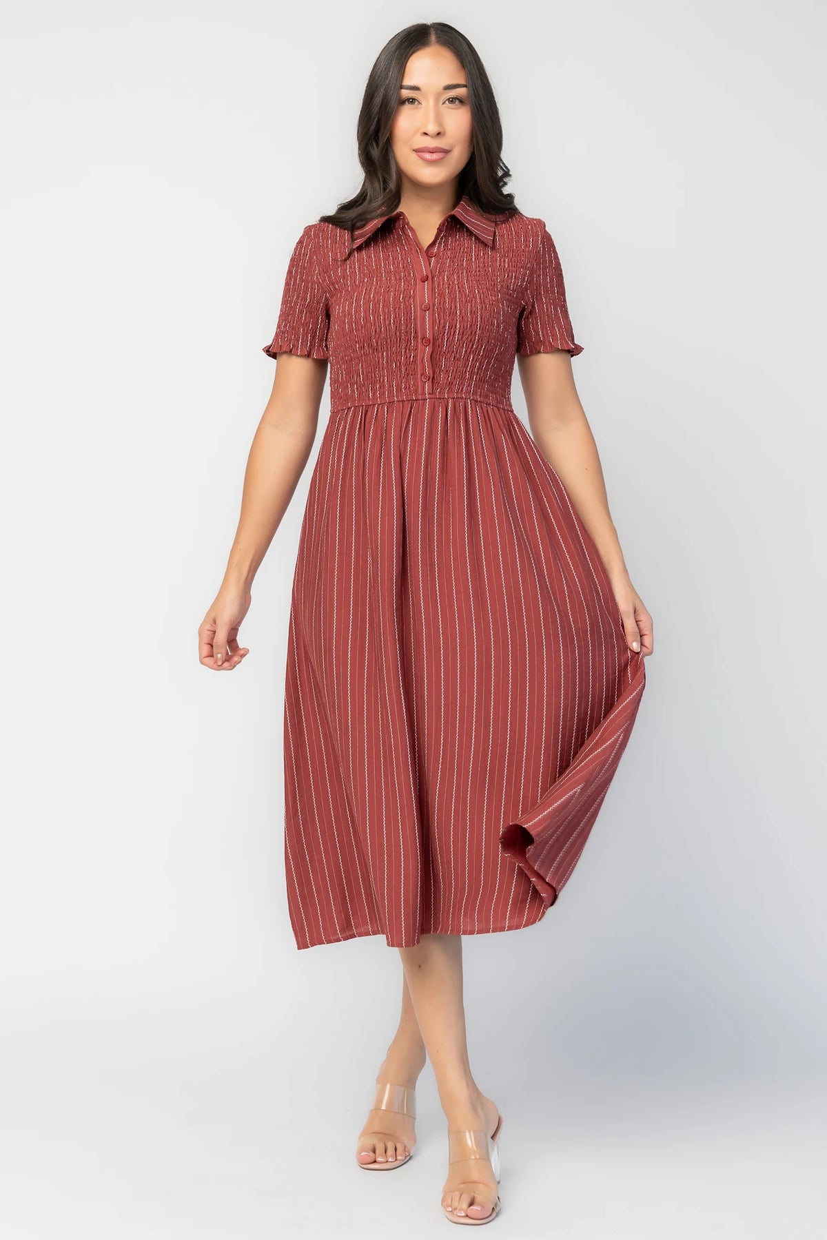 Dottie Striped Midi Dress in Light Burgundy with white vertical stripes, collared neckline, button front, and A-line skirt.