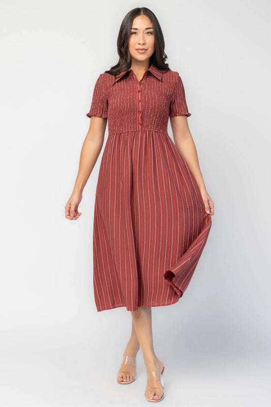 Dottie Striped Midi Dress in Light Burgundy with white vertical stripes, collared neckline, button front, and A-line skirt.