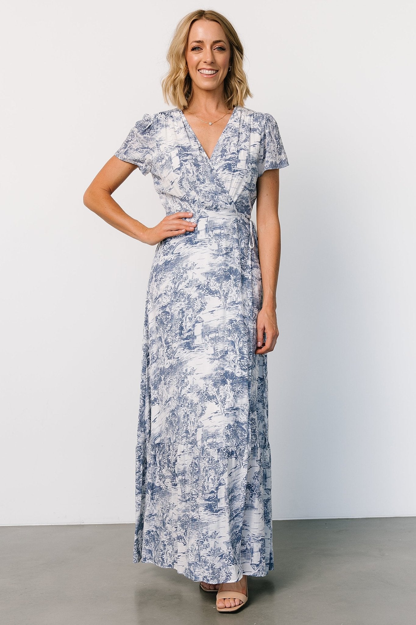 Dulce Wrap Maxi Dress | White + Blue Print - Baltic Born