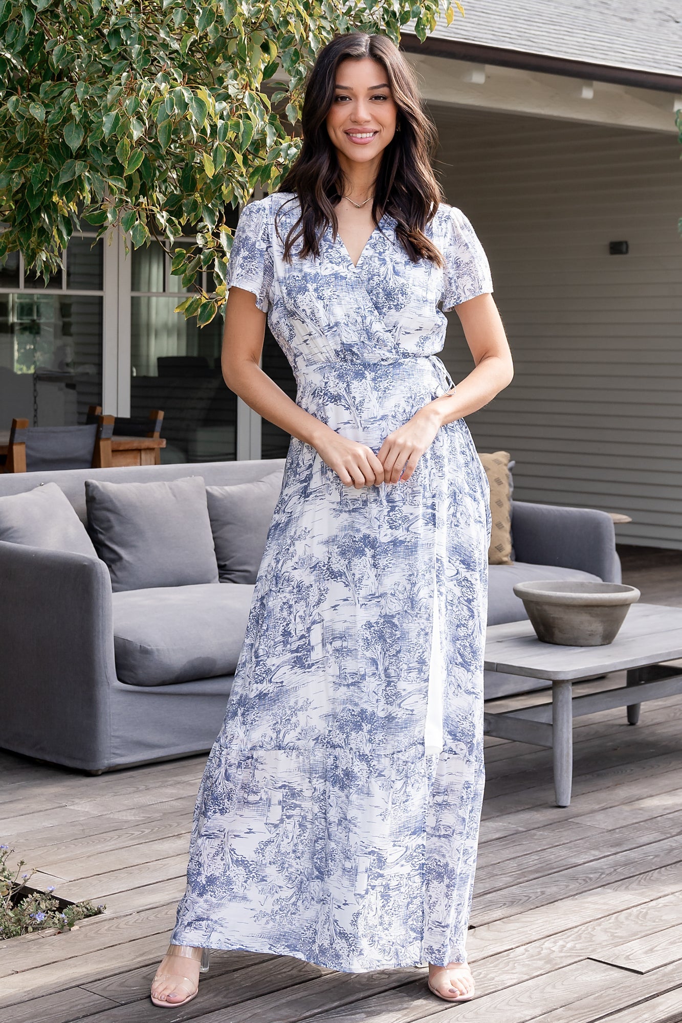 Baltic Born Womens Dulce Wrap Maxi Dress | White + Blue Print