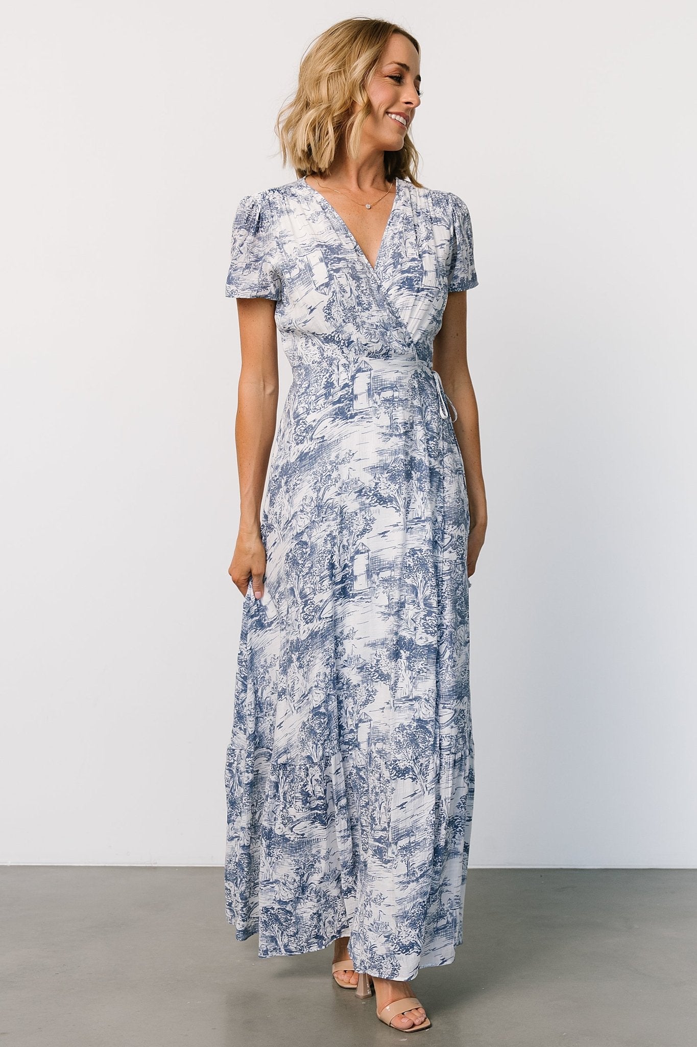 Dulce Wrap Maxi Dress | White + Blue Print - Baltic Born