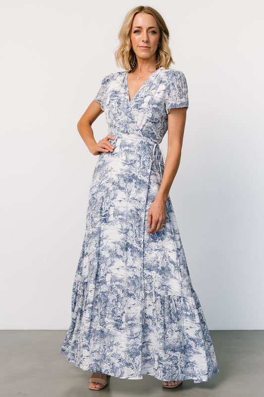 Dulce Wrap Maxi Dress | White + Blue Print - Baltic Born