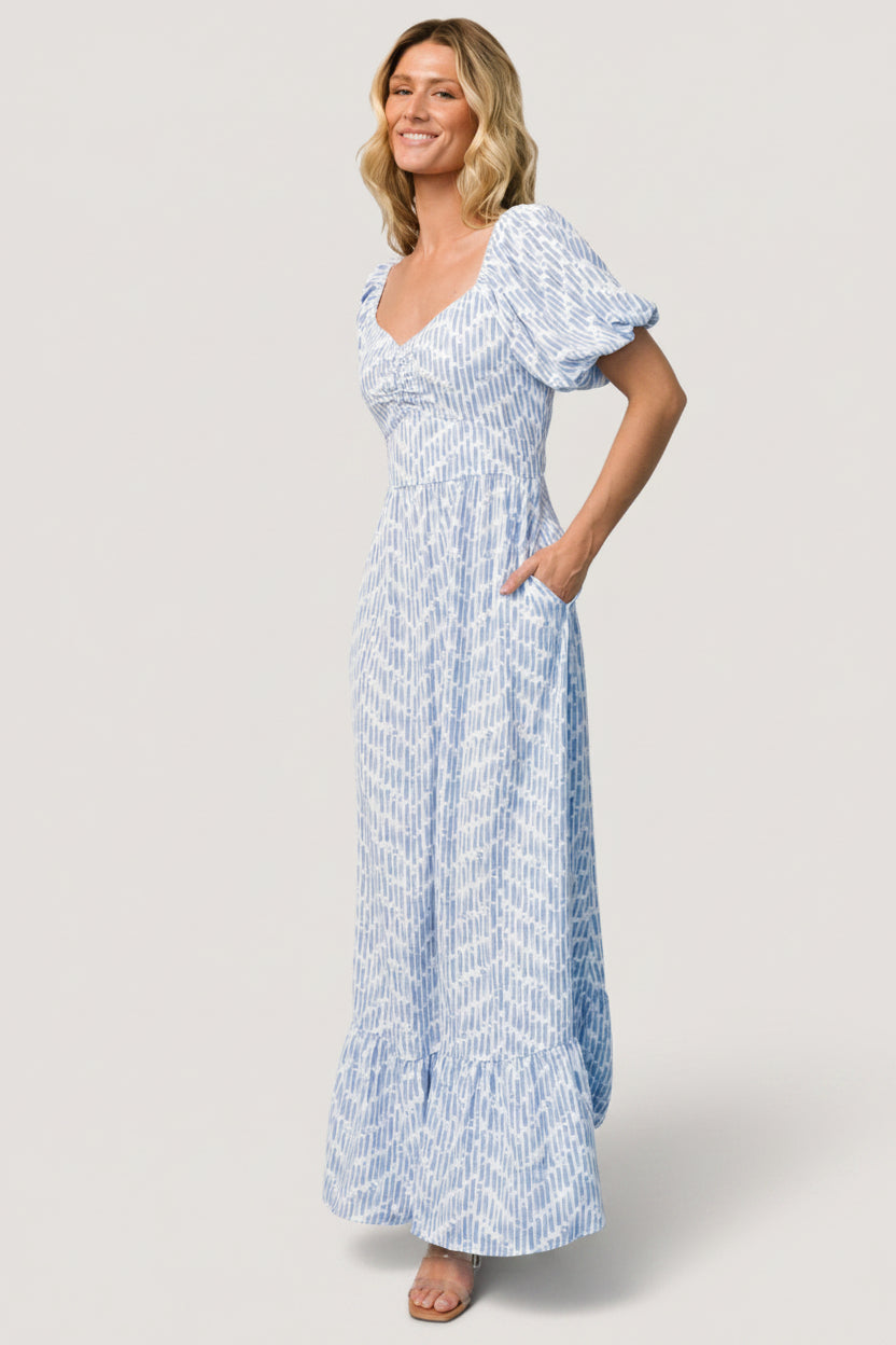 Durban Maxi Dress — Dusty Blue Geometric Print