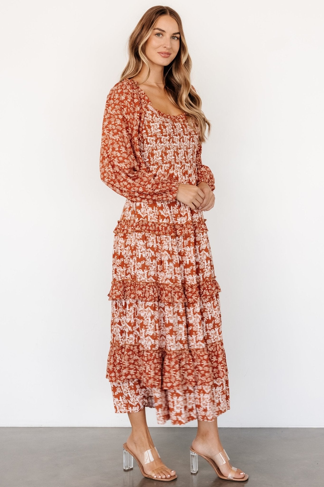 Dynah Tiered Dress | Rust +Cream Floral - Baltic Born