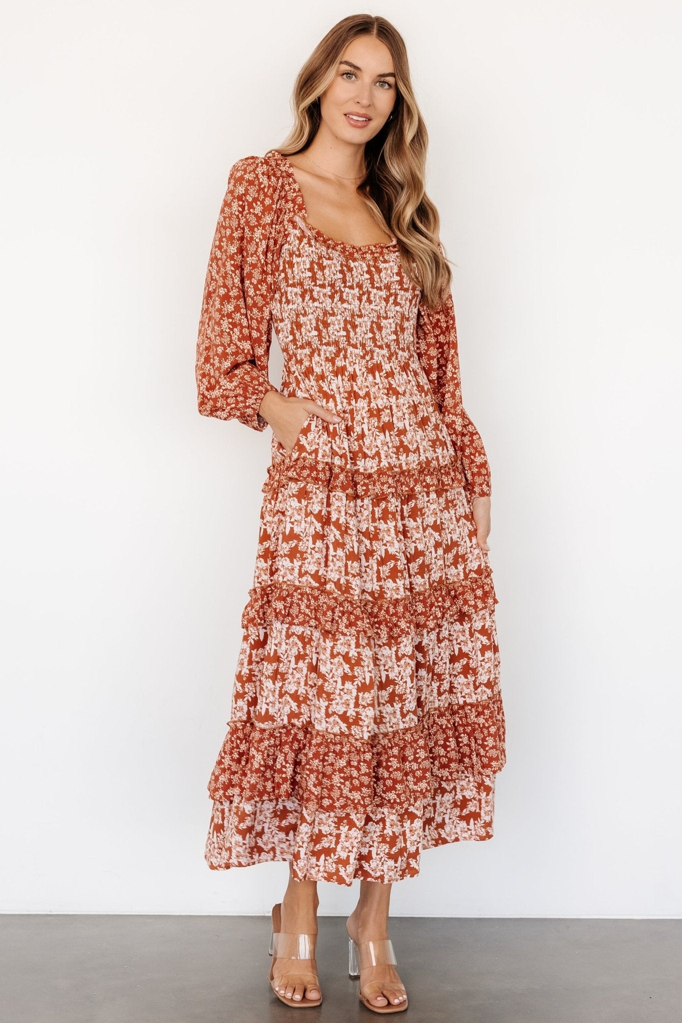 Dynah Tiered Dress | Rust +Cream Floral - Baltic Born