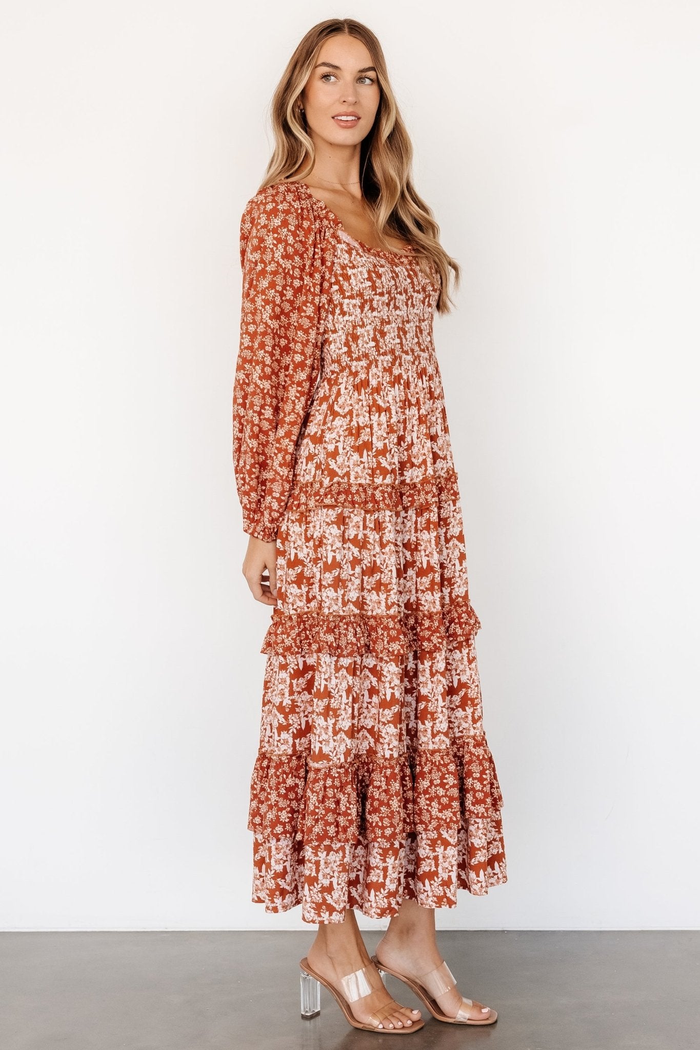 Dynah Tiered Dress | Rust +Cream Floral - Baltic Born