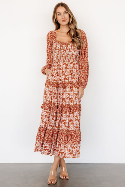 Dynah Tiered Dress | Rust +Cream Floral - Baltic Born