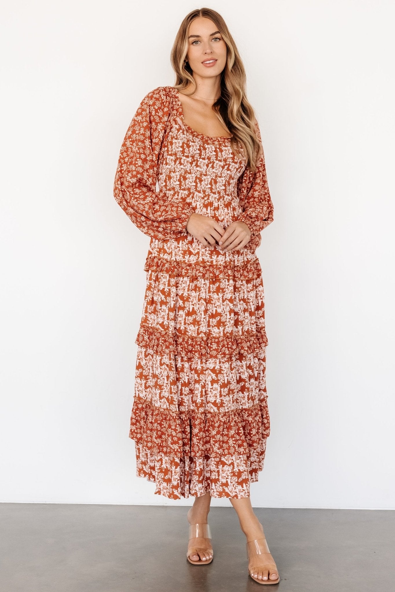 Dynah Tiered Dress | Rust +Cream Floral - Baltic Born