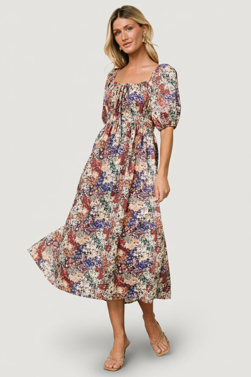 midi length formal dress ASTR the Label | Ciela Bow Puff Sleeve Midi Dress in Burgundy