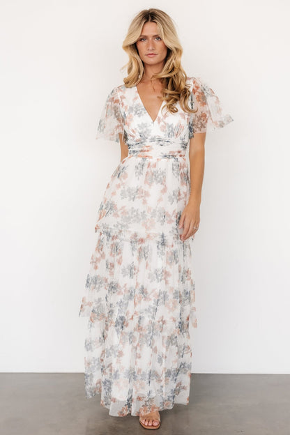 Elinor Tiered Tulle Dress | Off White + Peach Floral - Baltic Born