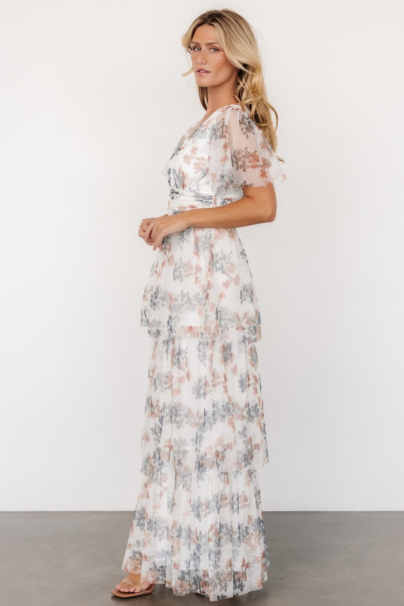 Elinor Tiered Tulle Dress | Off White + Peach Floral - Baltic Born