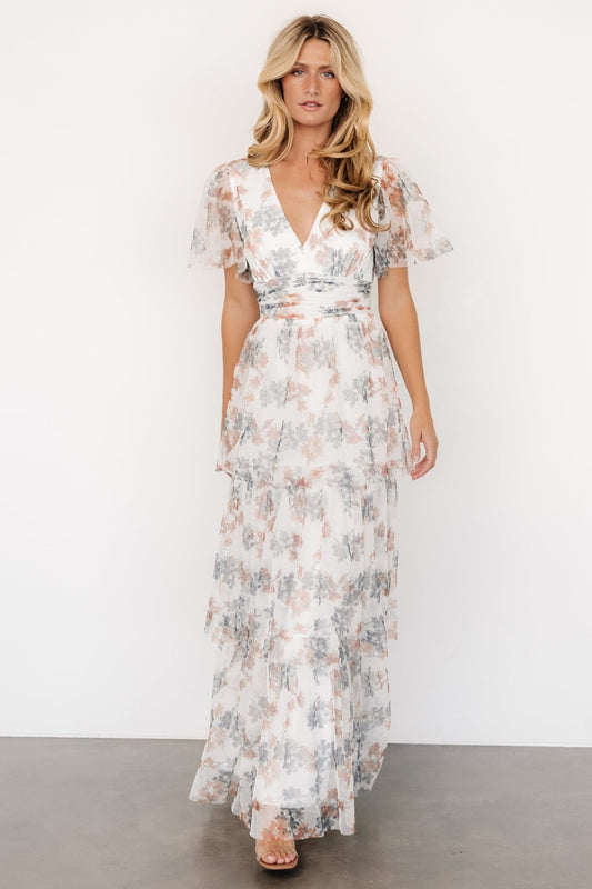 Elinor Tiered Tulle Dress | Off White + Peach Floral - Baltic Born