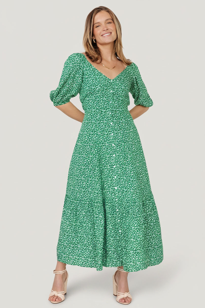 Elisabeth Button Dress | Green Floral