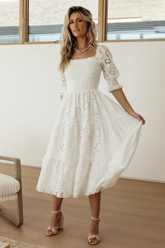 Ella Eyelet Midi Dress | White Ella Eyelet Midi Dress | White