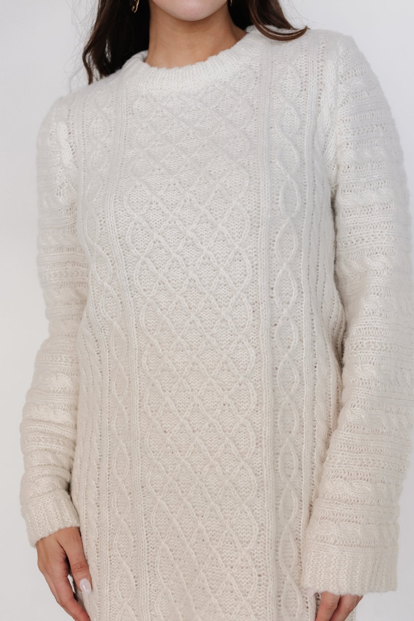 Baltic Born Womens Ellis Cable Knit Sweater Dress | Ivory | Size: Small Baltic Born Womens Ellis Cable Knit Sweater Dress | Ivory | Size: Small