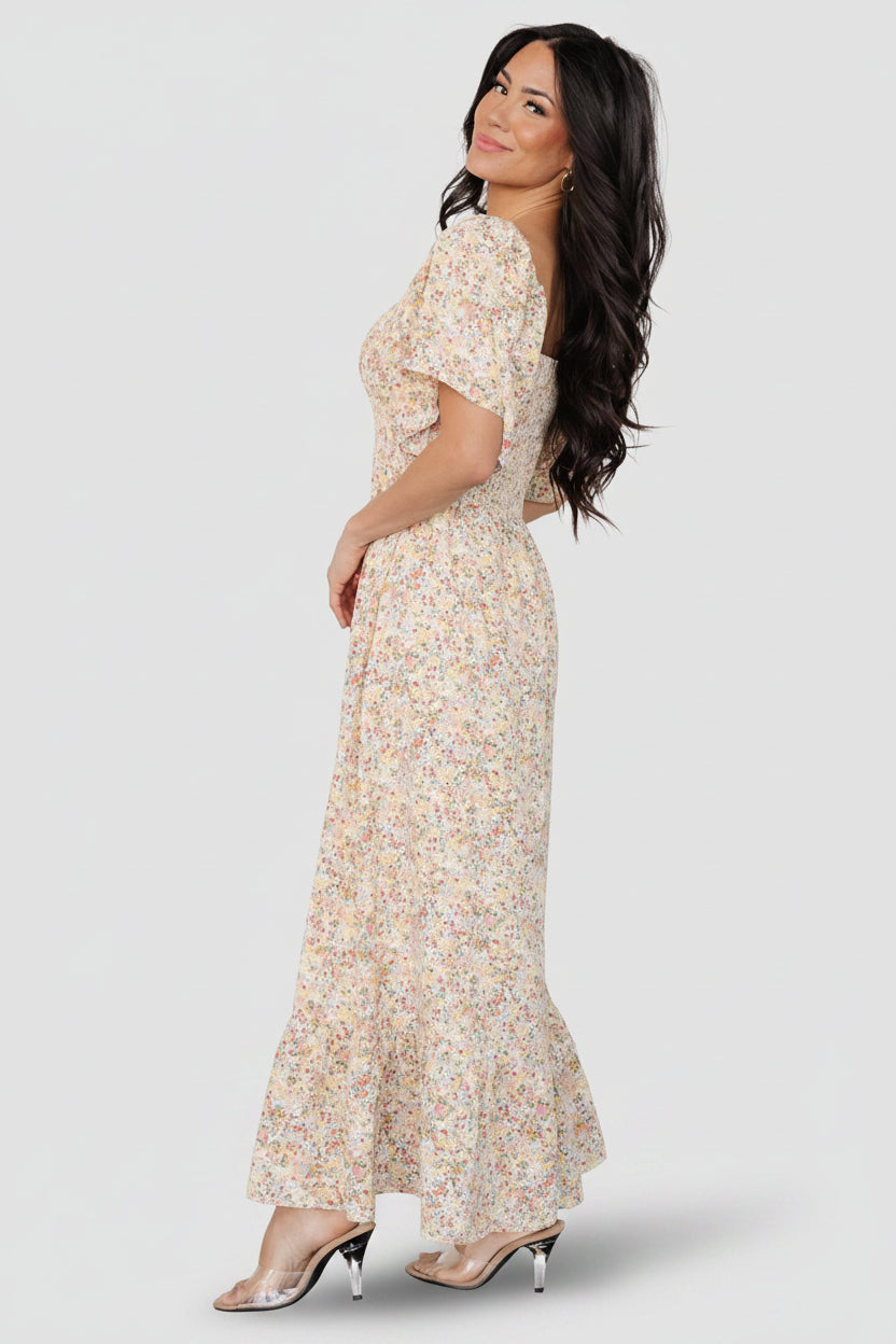 Ellory Smocked Midi Dress | Gold Multi Floral