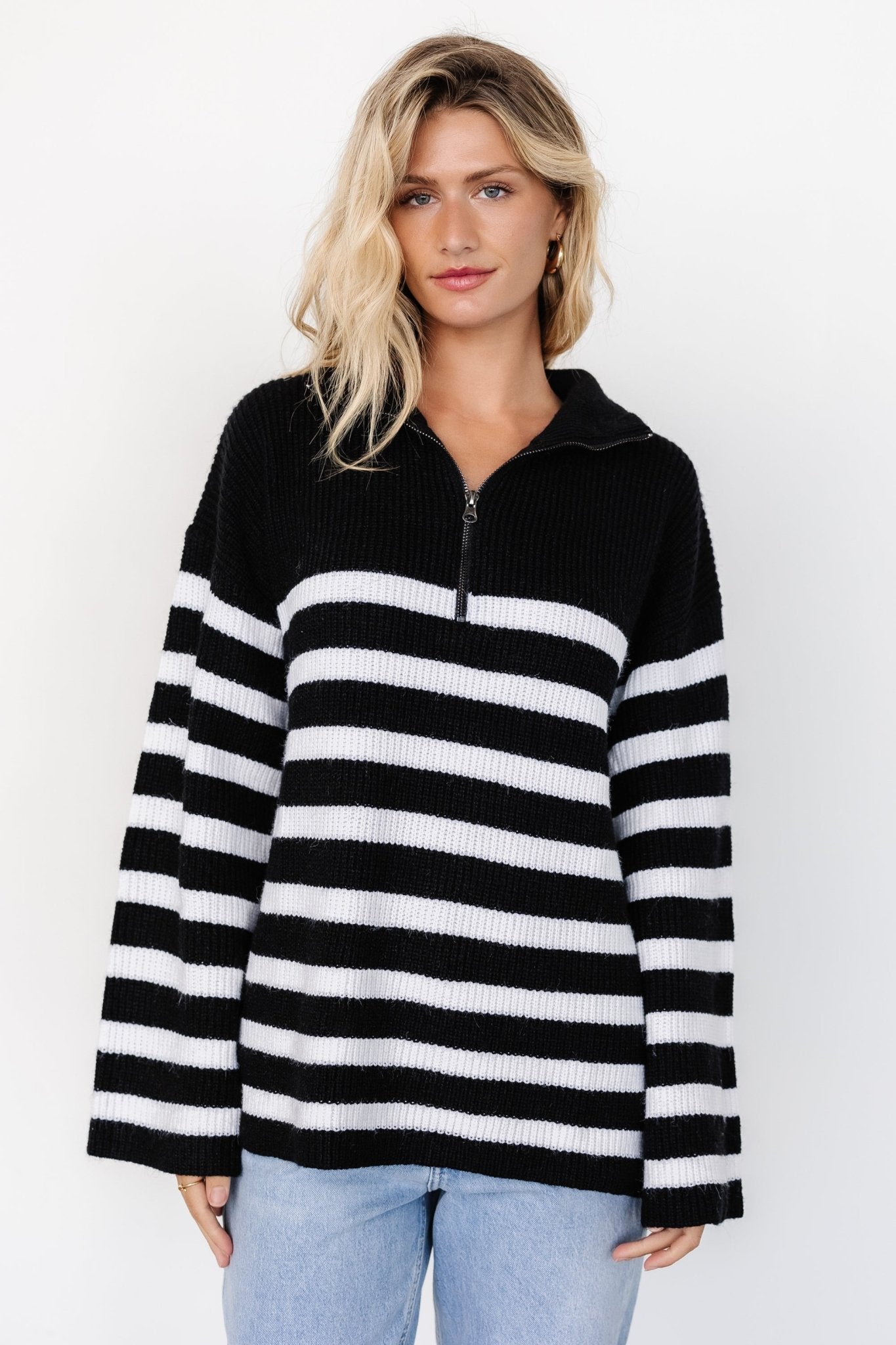 Elmer Striped Half Zip Sweater | Black + White - Baltic Born