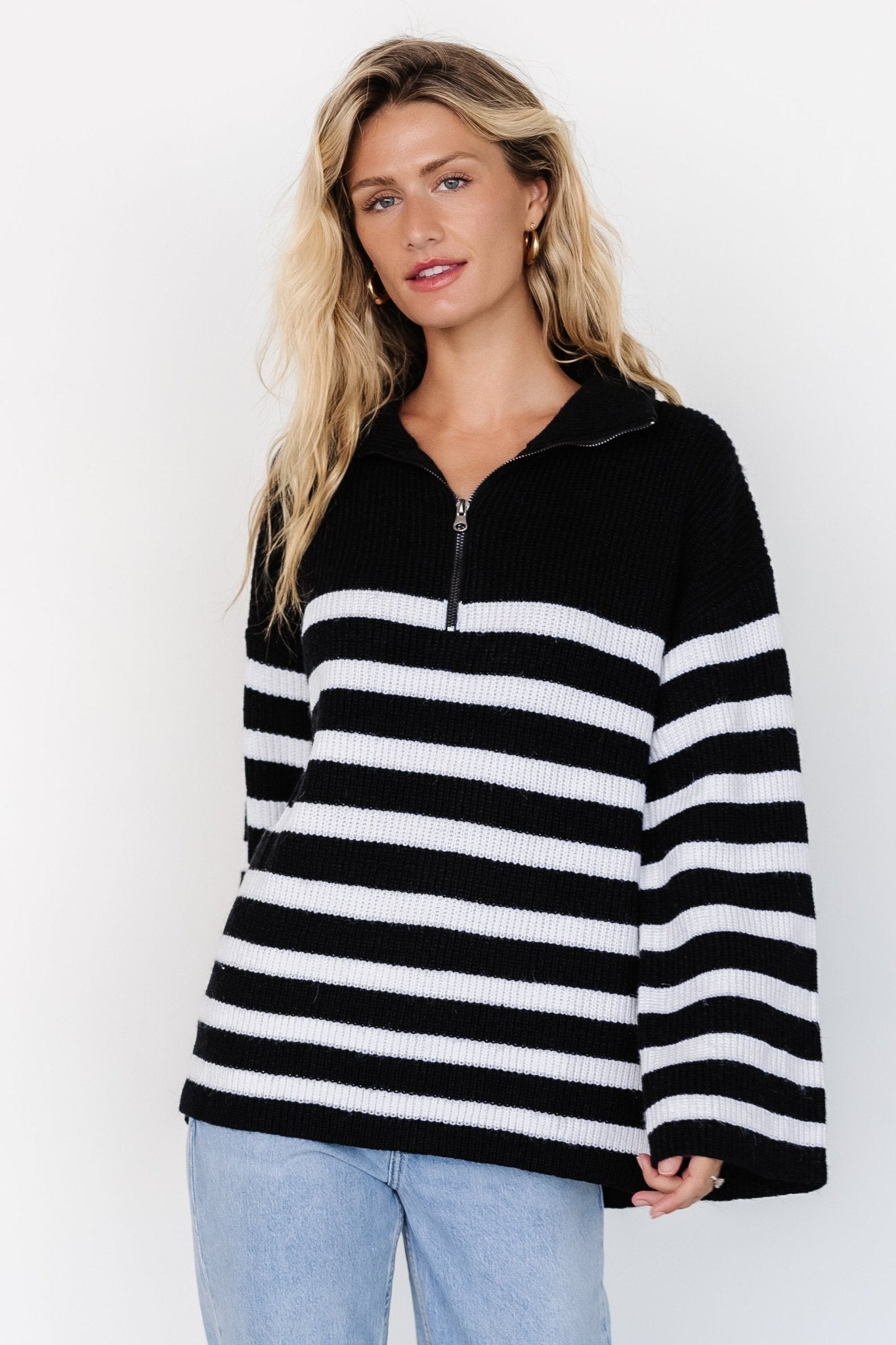 Elmer Striped Half Zip Sweater | Black + White - Baltic Born