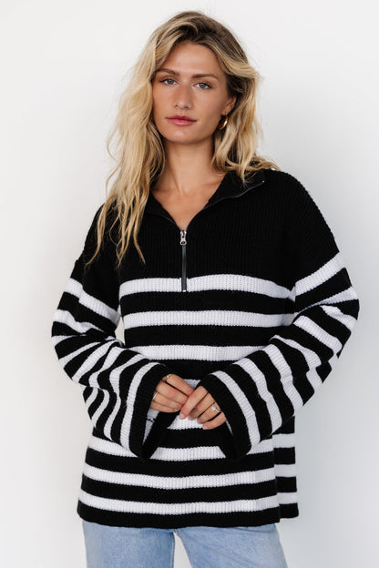 Elmer Striped Half Zip Sweater | Black + White - Baltic Born