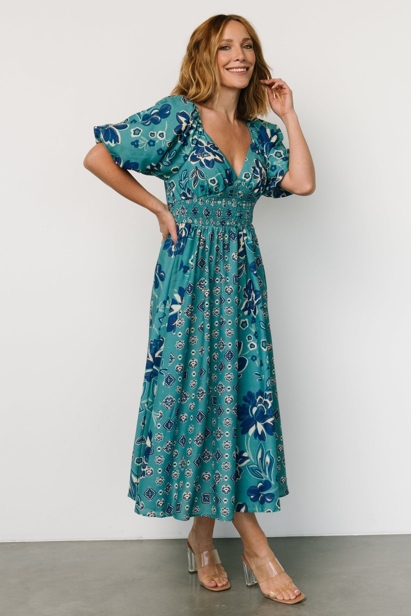 Elyse Midi Dress | Teal + Blue Multi - Baltic Born