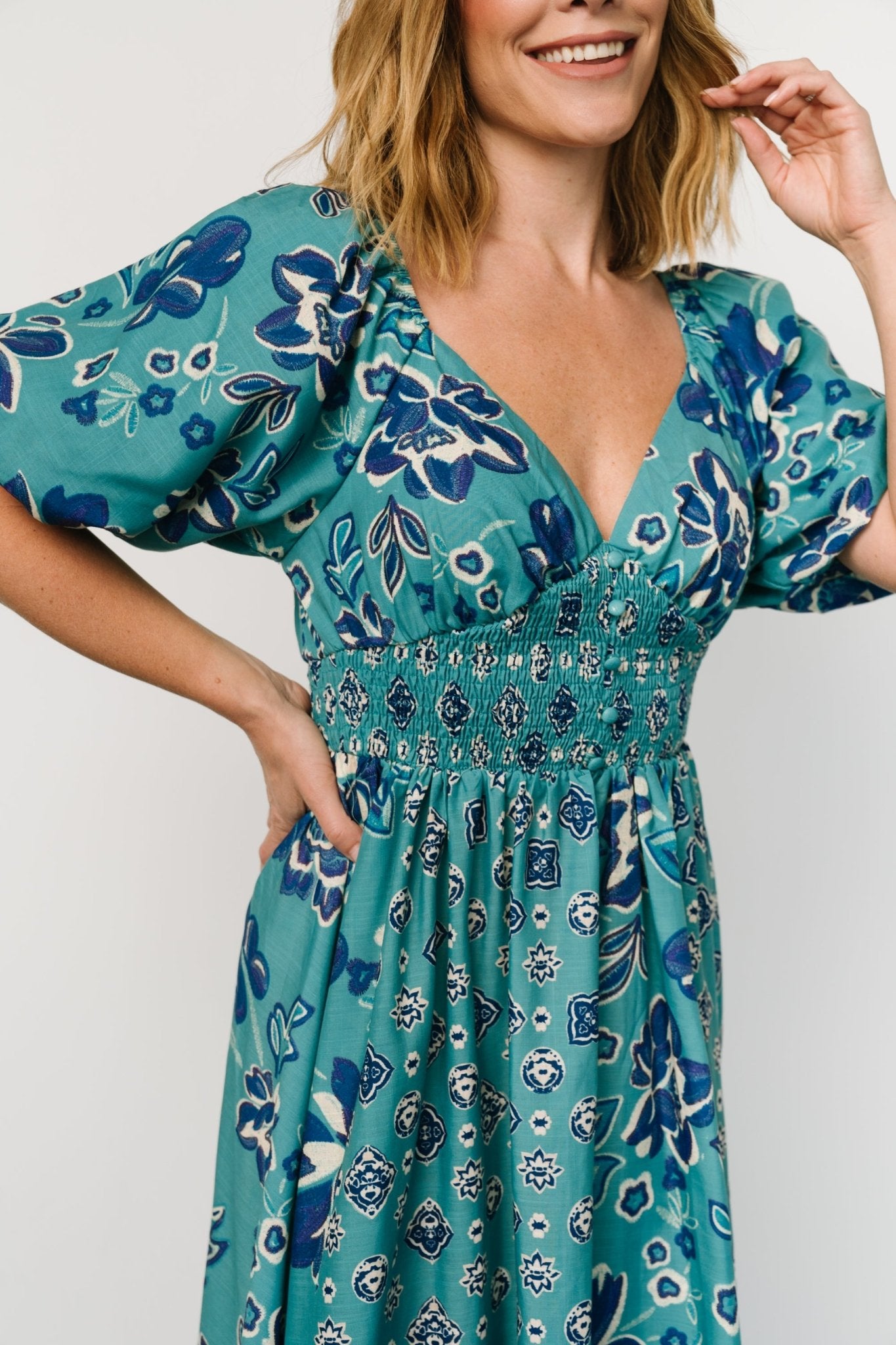 Elyse Midi Dress | Teal + Blue Multi - Baltic Born