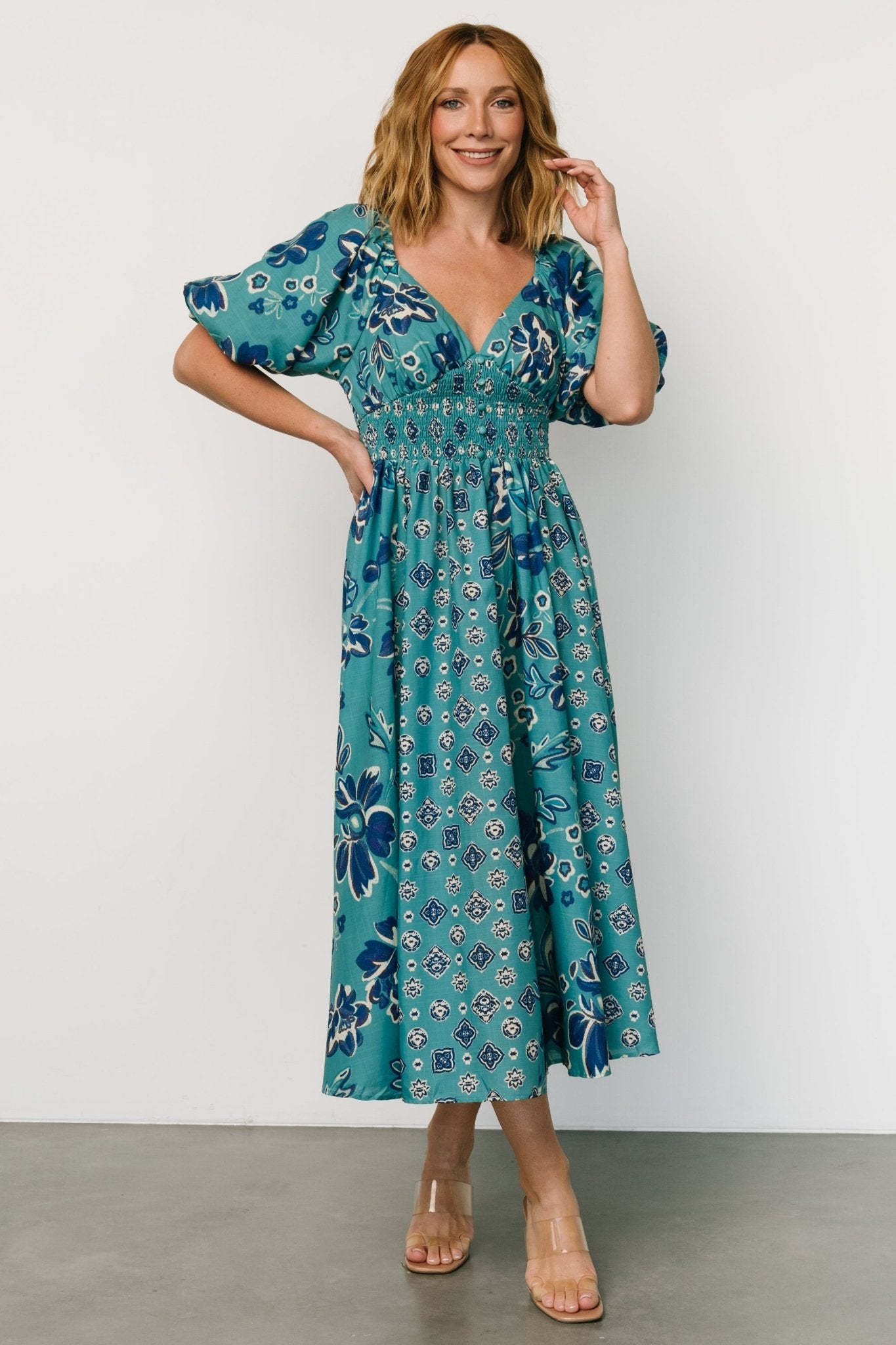 Elyse Midi Dress | Teal + Blue Multi - Baltic Born