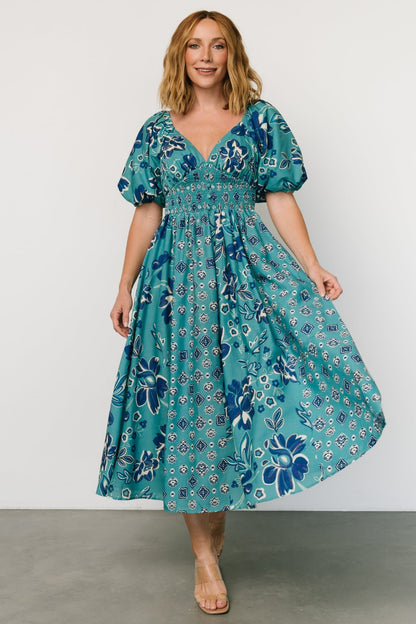 Elyse Midi Dress | Teal + Blue Multi - Baltic Born