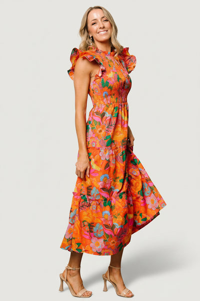 Baltic Born Womens Emily Smocked Tier Dress | Orange Floral | Size: Medium Baltic Born Womens Emily Smocked Tier Dress | Orange Floral | Size: Medium