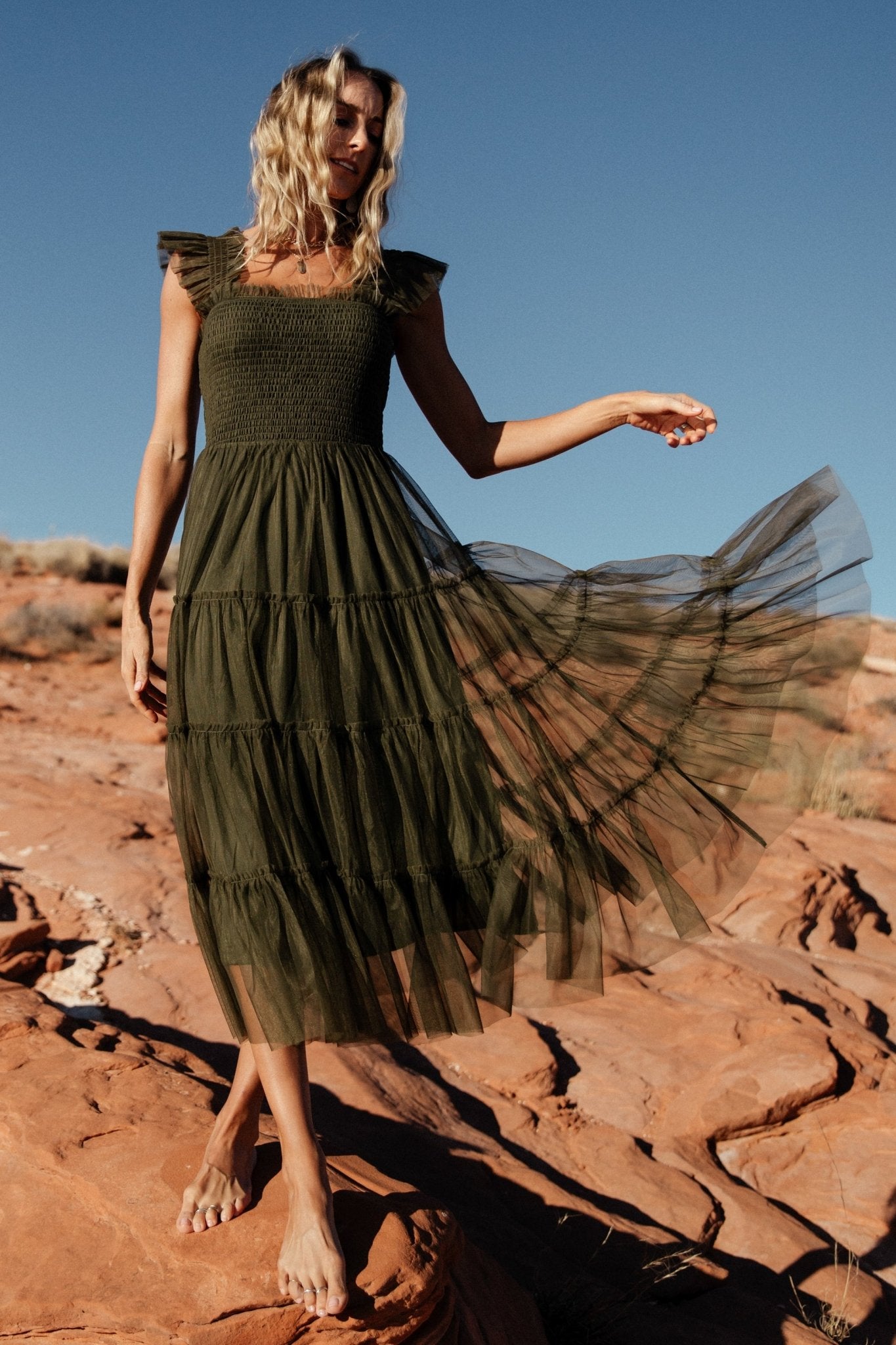 Baltic Born Womens Emma Smocked Tulle Dress | Dark Olive | Size: 2XL Baltic Born Womens Emma Smocked Tulle Dress | Dark Olive | Size: 2XL