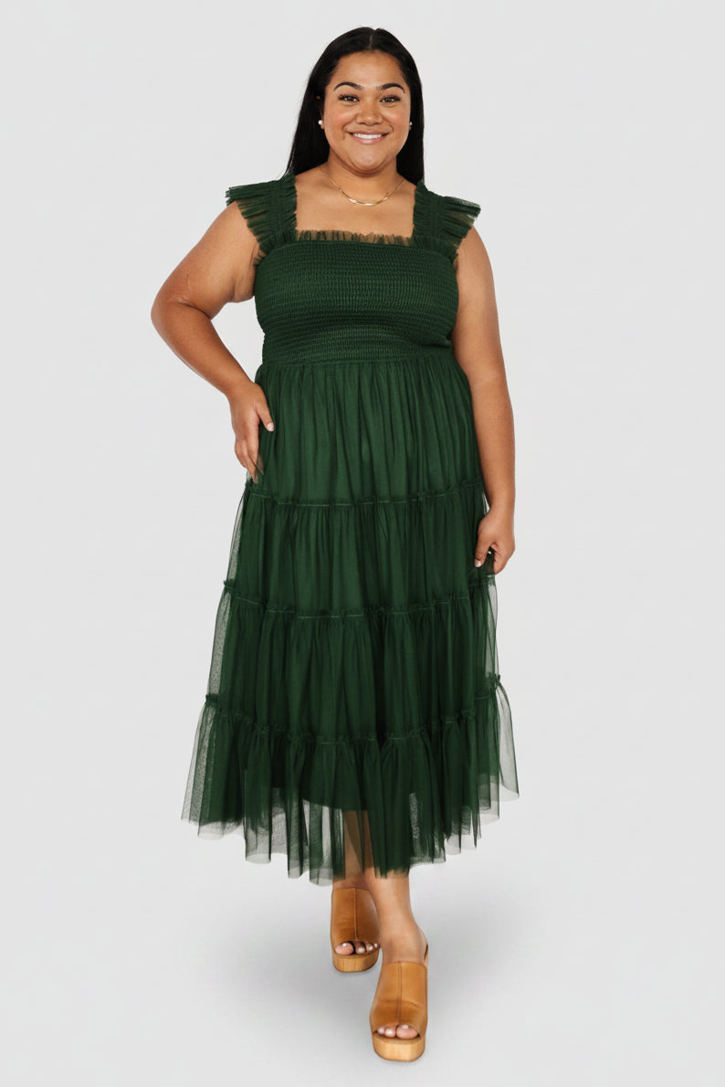 Emma Smocked Tulle Midi Dress, Green