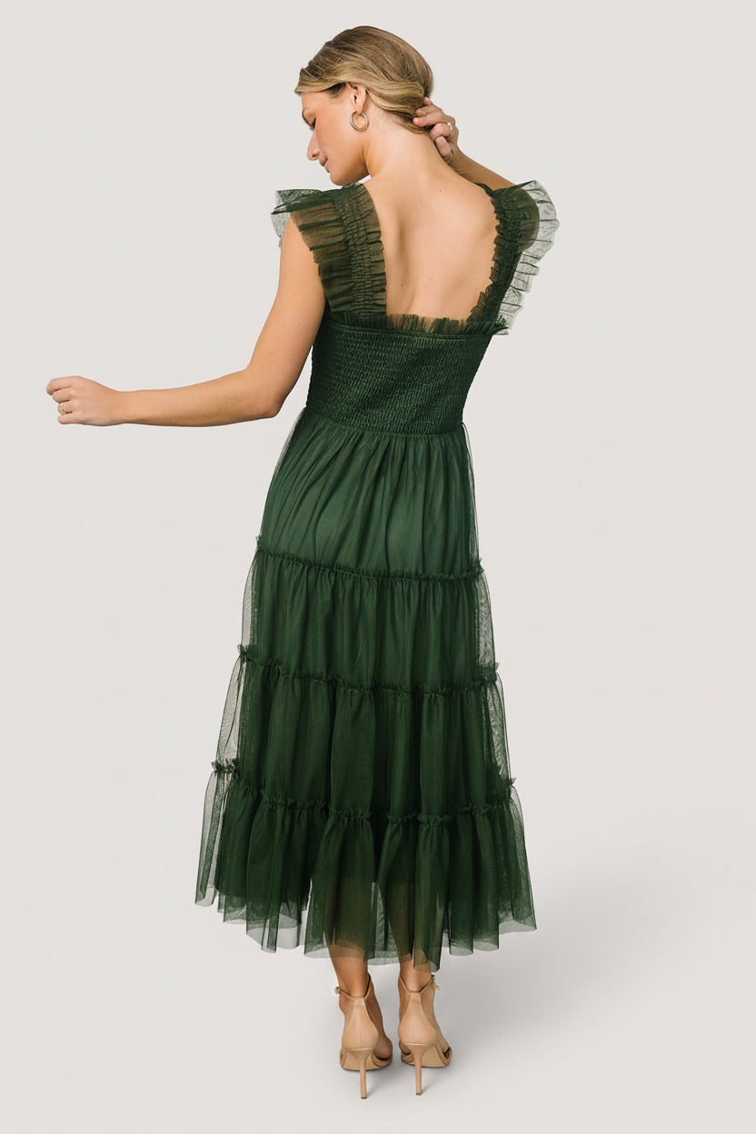 Emma Smocked Tulle Midi Dress, Green