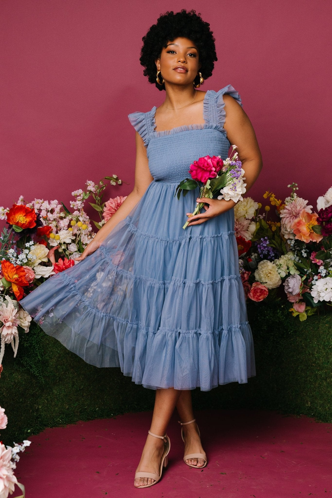 Baltic Born Womens Emma Smocked Tulle Dress | Slate Blue