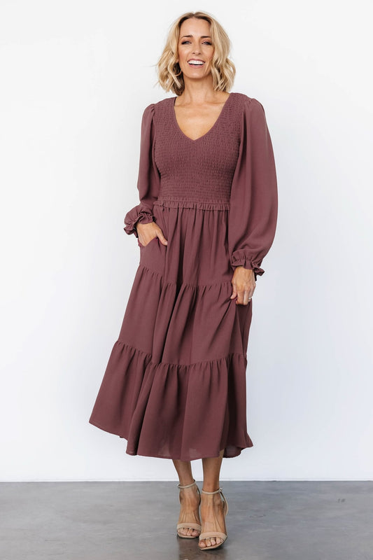 Endsley Smocked Midi Dress | Mauve - Baltic Born