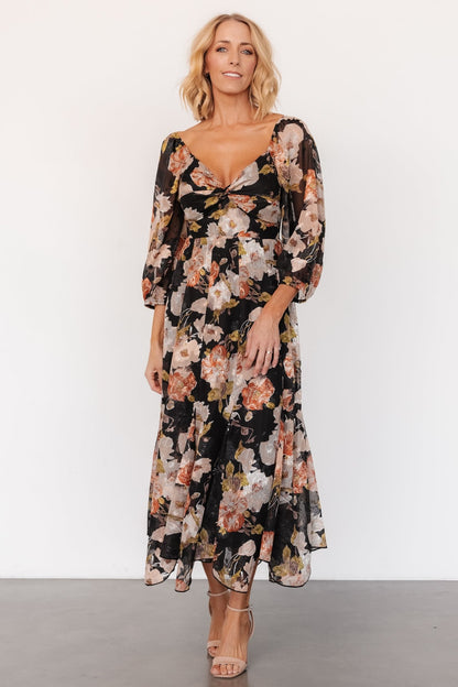 Etta Midi Dress | Black + Peach Floral - Baltic Born