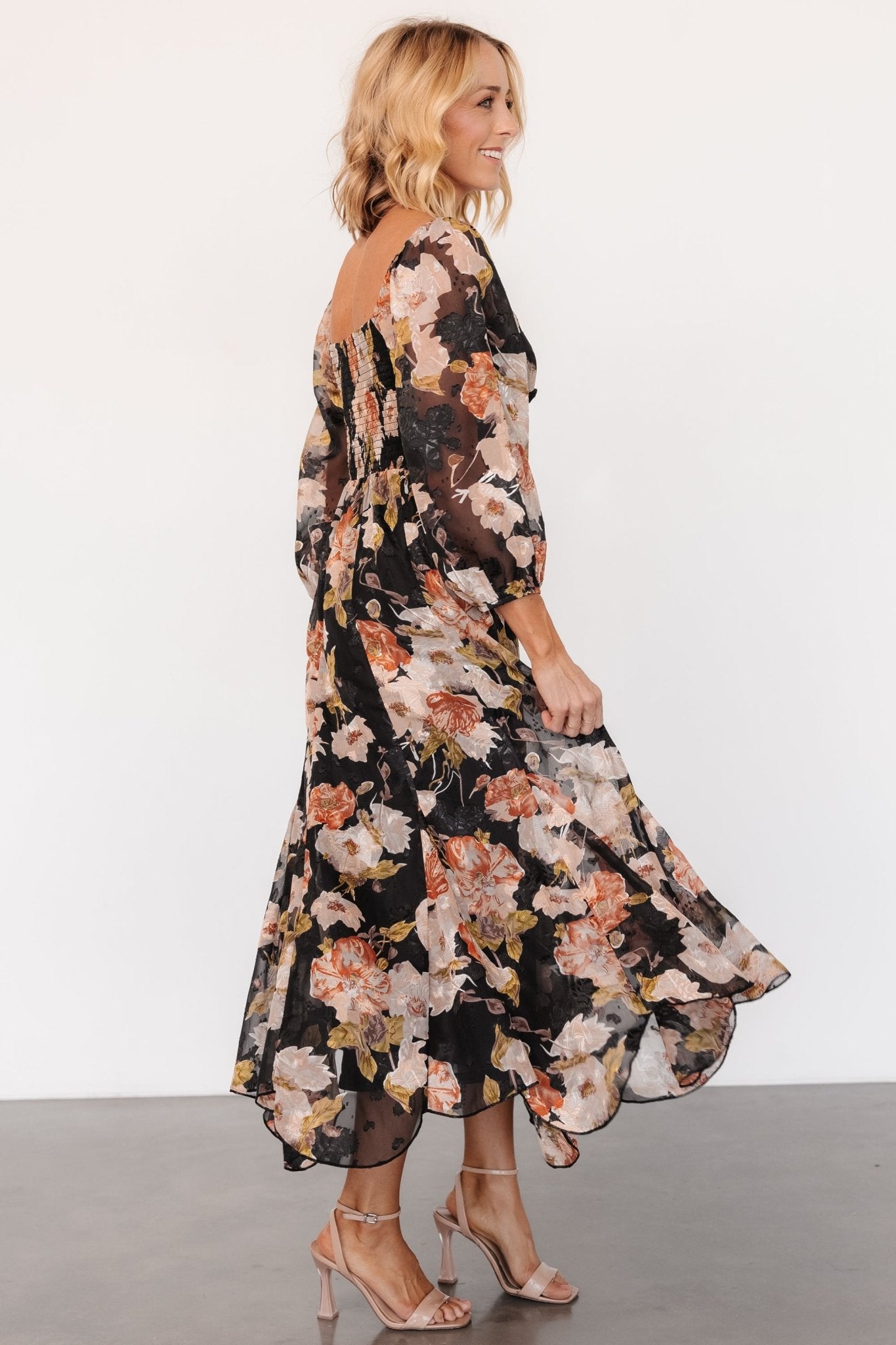 Etta Midi Dress | Black + Peach Floral - Baltic Born