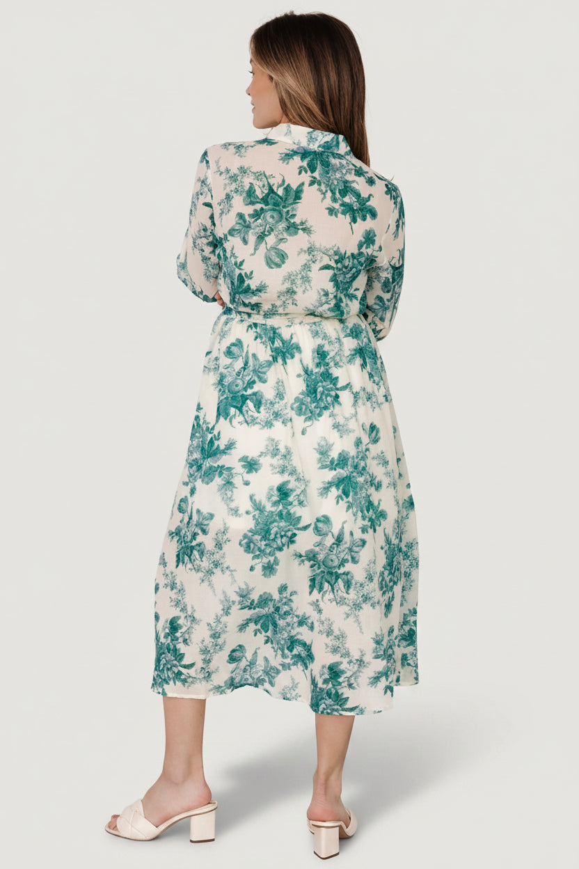 Eunice Button Midi Dress | Cream + Green Floral
